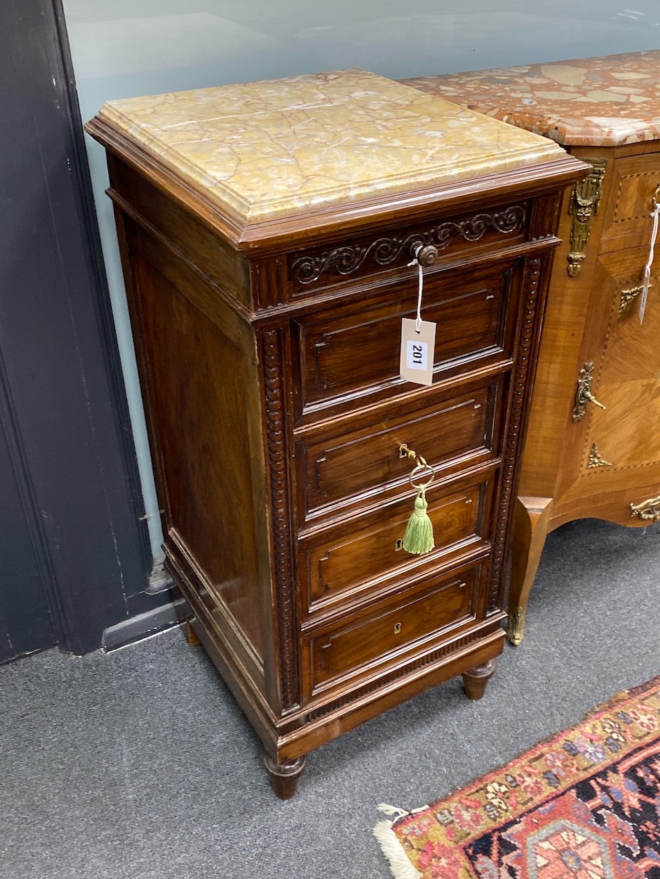 A pair of early 20th century French rosewood five drawer marble top bedside cabinets, width 39cm, depth 40cm, height 83cm.